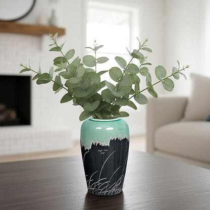 Black and Green Vase, 8 Inch Green Ceramic Vase with Textured Crackle Glaze, Modern Farmhouse Vases for Home Decor, Rustic Centerpiece for Living Room, Bathroom