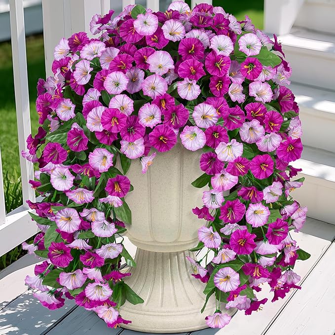 Artificial Fake Hanging Flowers Plants for Outdoor Decoration, 2PCS Faux Silk Morning Glory Long Vines Stems UV Resistant Look Real for Outside Home Porch Patio(Violet)