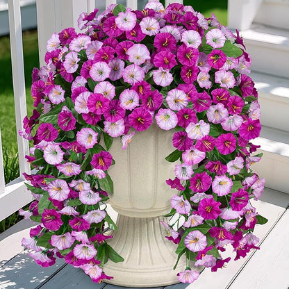 Artificial Fake Hanging Flowers Plants for Outdoor Decoration, 2PCS Faux Silk Morning Glory Long Vines Stems UV Resistant Look Real for Outside Home Porch Patio(Violet)