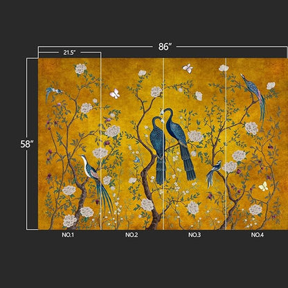 WXHFM - Golden Chinese Style Flowers Birds Large wall murals Peel and Stick Wallpaper for Bedroom Living Room - 58"x86"