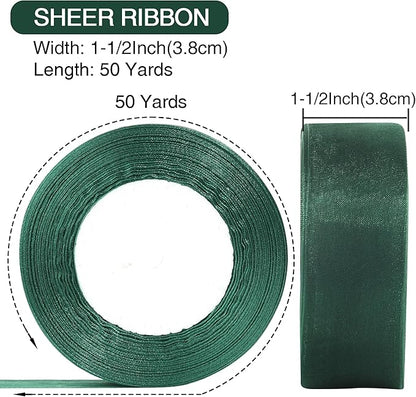 1-1/2 Inch x 50 Yards Sheer Organza Ribbon Chiffon Ribbon for Gift Wedding Flower Bouquet Wrapping Decorations Crafts (Dark Green)
