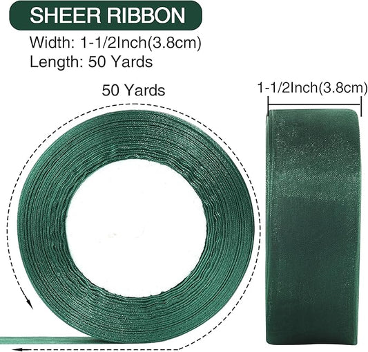1-1/2 Inch x 50 Yards Sheer Organza Ribbon Chiffon Ribbon for Gift Wedding Flower Bouquet Wrapping Decorations Crafts (Dark Green)