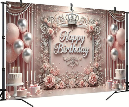 Starlit Patio Elegant Pink Happy Birthday Banner Backdrop Princess Girls Party Decorations Photography Backgrounds Crown Roses Balloons Cake Table Photo Booth Props 71 x 43 inch