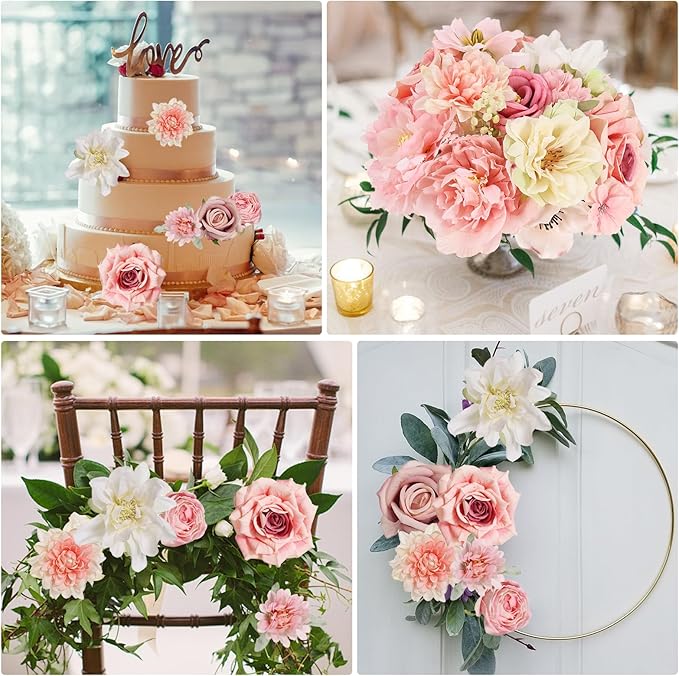 Artificial Flowers Combo Pink Roses with Stems Bouquets Box Set Bridal Wedding Shower Decorations Fake Floral for Party Table Centerpieces Home Decor