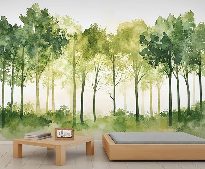 Watercolor Forest Wall Mural, Minimalist Forest Scene 3D Wall Murals, Nordic Nature Wallpaper Mural, for Living Room Bedroom Large Wallpaper Indoor Decor 157.5" W x110.3 H