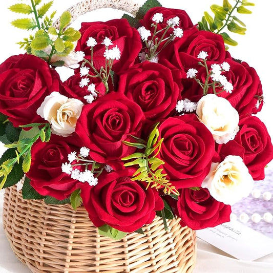 BLEUM CADE 100 Pcs Red Roses Artificial Flowers, Real Touch Velvet Roses Fake Flowers Bulk, Artificial Roses Bouquet with Long Stems Bridal DIY Wedding Party Centerpiece Decorations