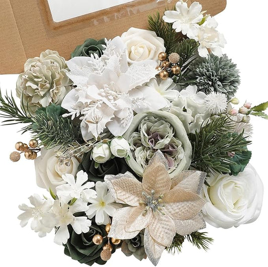 Christmas Artificial Flowers Set with White Poinsettia, Fake Roses and Greenery for DIY Christmas Decor - Wreath, Tree Ornaments, Wedding Bouquets, Centerpieces, Home Floral Arrangemen