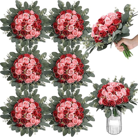 Zeyune 12 Pack Wedding Bridesmaids Bouquets 7 Inch Artificial Rose Bouquets Silk Flowers with Stems Fake Floral Bundles Bulk for Wedding Bridal Shower Party Centerpieces Home Decor(Rose Red)