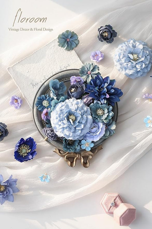 Floroom Mini Artificial Flower Heads Dusty & Navy Blue Fake Peony Daisy Rose Multicolor Small Faux Silk Flower Heads for Cake Craft Garland Wedding Party Graduation Cap DIY Home Decoration, 0.8"-3.6"