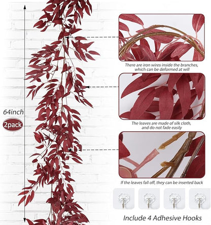 RECUTMS Artificial Hanging Willow Leaves Vine Twigs 2Pcs 5.7Ft Fake Silk Burgundy Leaf Ivy Fall Garland Faux Greenery Indoor Outdoor Valentines Day Wedding Birthday Christmas Thanksgiving Party Decor