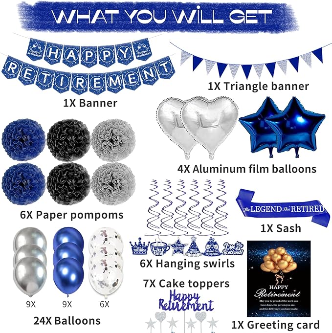 Happy Retirement Party Decorations Blue Retirements Party Decoration for Men Happy Retire Banner Hanging Swirls Foil Balloon Cake Toppers Retire Sash for Blue and Silver Retire Decoration