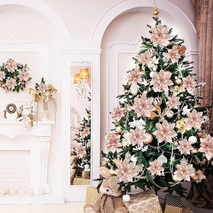 Geosar 24 Christmas Glitter Artificial Poinsettia Flowers Xmas Poinsettia Artificial Wedding Flowers Decorations Xmas Tree Ornaments with Clips for Party Favors, 6 Inch, 4 Inch, 3 Inch (Rose Gold)