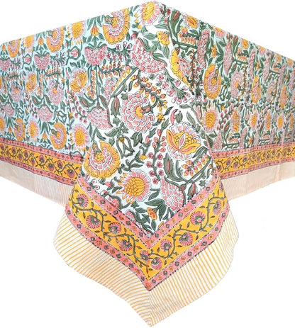 ATOSII Clover Yellow 100% Cotton Rectangle Fall Tablecloth, Handblock Floral Print Linen Table Cloth for Kitchen Dining I Parties, Outdoors, Christmas, Thanksgiving I 72 X 120 Inches I 10 Seater