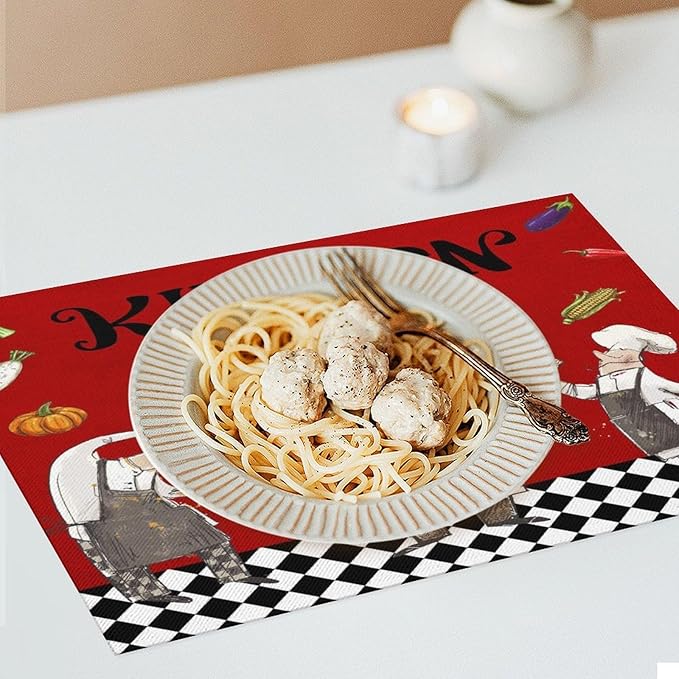 Chef Cooking Placemats Cartoon Rustic Vegetable Fruit Lattice Pastry Fat Chef Carrot Corn Gourmet Cookware Placemats Table Kitchen Dining Party 12x18 Inch Set of 4