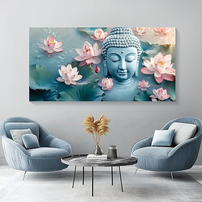 Iallbin Buddha Wall Art & Zen Wall Decor, White Lotus on Water Canvas Painting - for Yoga Meditation Room, Spa & Bathroom, Blue Art Deco Style, 58x29 Inches