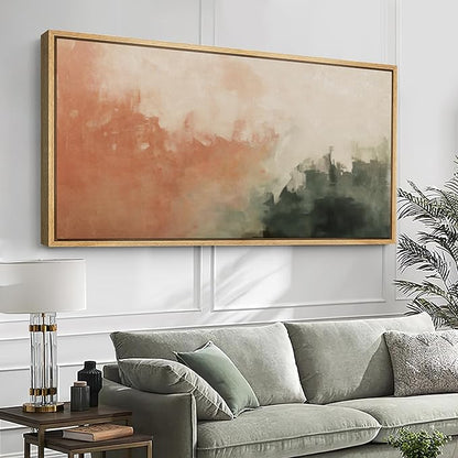 SIGNFORD Extra Large Framed Canvas Print Wall Art Blush and Green Abstract Brushstroke Illustrations Modern Art Relax/Calm Warm for Living Room, Bedroom, Office - 60"x30"