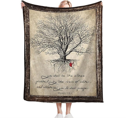 Christian Bible Tree of Life Throw Blanket - Religious Gifts and Decor for Women Men Adults - Soft Warm Cozy Fleece for Couch Sofa Bed 50"x40"