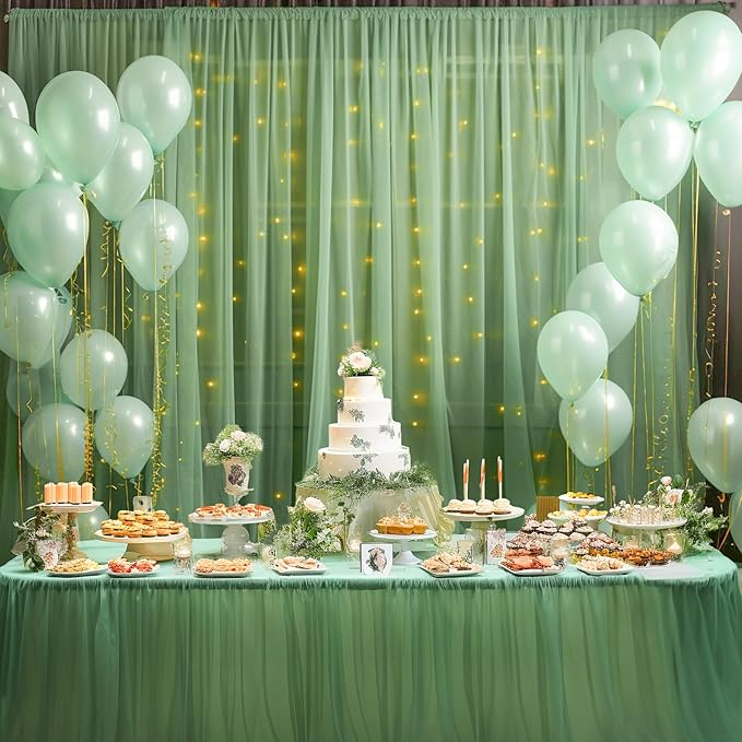 10x10ft Olive Green Tulle Backdrop Curtain with Lights String for Parites, Sheer Backdrop Curtains for Christmas Wedding Baby Shower Birthday Party Photo Shoot Decorations