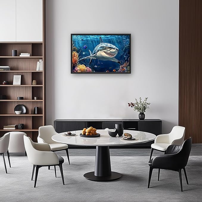 Large Ocean Shark Wall Art for Living Room, Framed Oversized Shark Fish Wall Decor Underwater Marine Life Canvas Painting Modern Artwork for Living Room Bathroom Bedroom Office Dining Room 36"x24"