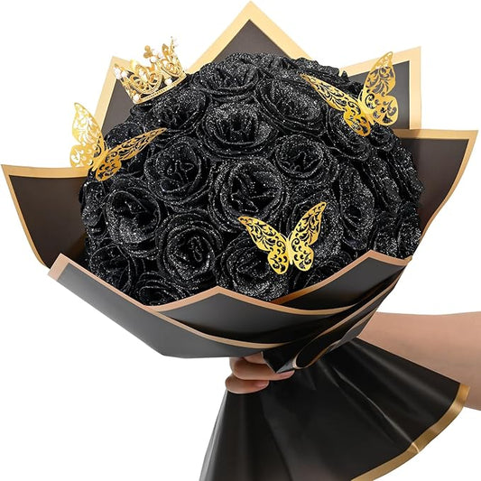 Waipfaru 36+20 Glitter Roses Bouquet, DIY Fake Flowers Bouquet, Craft The Initials of Your Loves' Name with Artificial Rose Bouquet for Valentines, Anniversary, Wedding, Black & Pink