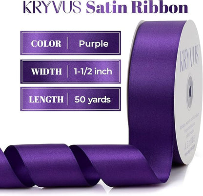 Double Faced Purple Satin Ribbon, 1-1/2 Inch X 50 Yards Polyester Ribbon for Gift Package Wrapping, Crafts, Bow Making, Sewing, Flower Bouquet, Wedding Party Decor
