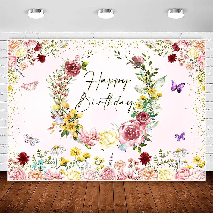 Pink Floral Wildflower Happy Birthday Backdrop Banner Decorations for Girl,Watercolor Flower Butterfly Birthday Backdrops Background for Wildflower Theme 1st Bday Party Supplies Photobooth Props 7x5ft