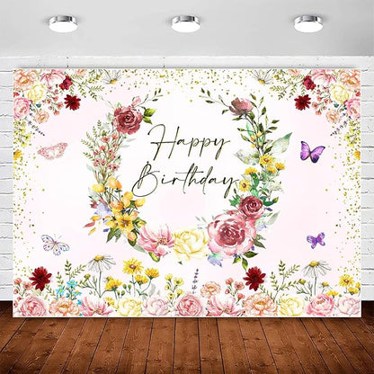 InMemory Spring Wildflower Backdrop Wild Flower Birthday Decorations for Girl,Watercolor Butterfly Floral Happy Birthday Banner Background Wildflowers 1st Bday Party Supplies Photo Booth Props 10x7ft