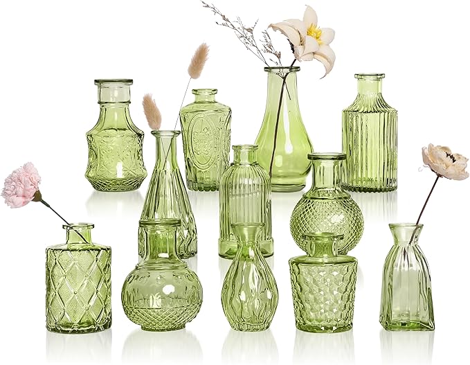 Green Small Bud Vases in Bulk 12, Vintage Embossed Flower Vases for Centerpieces, Boho Glass Vase for Flowers, Decorative Mini Vase for Wedding Decoration Party Baby Shower Home Dining Table