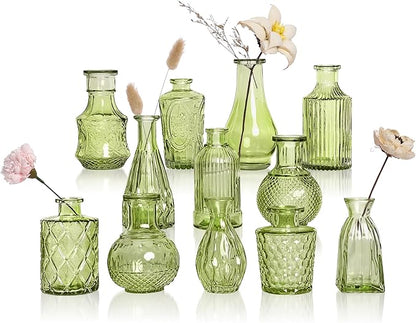 Green Small Bud Vases in Bulk 12, Vintage Embossed Flower Vases for Centerpieces, Boho Glass Vase for Flowers, Decorative Mini Vase for Wedding Decoration Party Baby Shower Home Dining Table