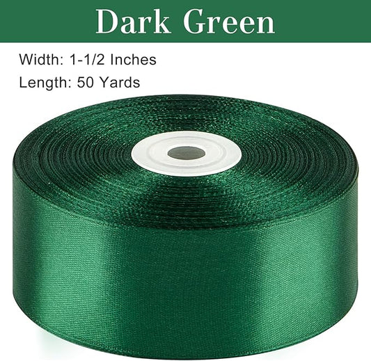 1-1/2 Inches 50 Yards Dark Green Satin Ribbon, Solid Fabric Ribbon Roll for Flower Bouquets, Gift Wrapping, Wedding, Handmade Crafts