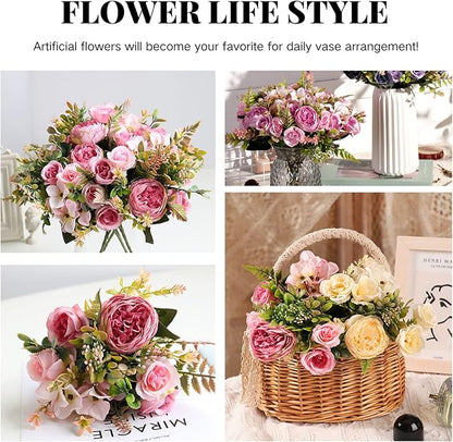 ASTRYAS Artificial Flowers, Pink Artificial Peony Small Silk Flowers Fake Peonies Bouquet Rose Flower Arrangement Table Centerpiece for Dining Party Home Decoration(Pink)