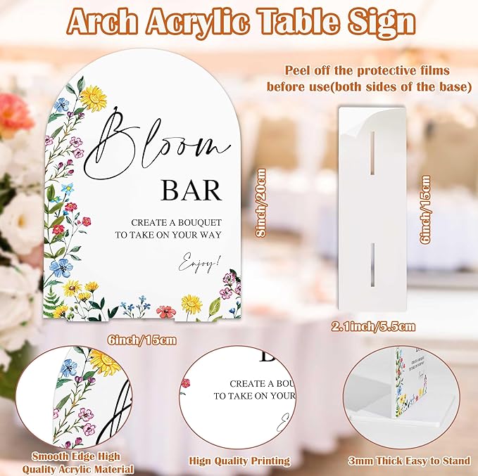 Acrylic Wedding Signs Bloom Bar Sign for Reception, 6x8" Floral Themed Arch Acrylic Table Decor, Flower Bar Supplies, Love Is In Bloom Decorations for Baby Shower Bridal Shower Engagement Party