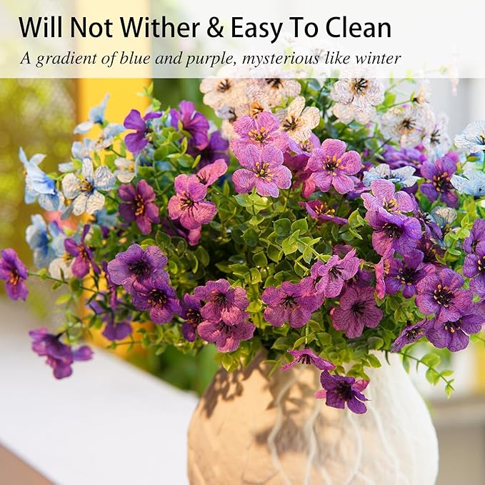 Artificial Flowers for Outdoor Indoor Garden Home Decoration, Faux Flower Daisy with Eucalyptus Leaves Fake Plants Greenery Boxwood Porch Patio, 10 Bundles (Purple-Blue)