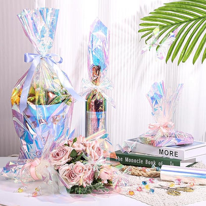 woric Iridescent Cellophane Wrap for Gift Baskets 82 Ft X 17 In Cellophane Wrap Roll Gift Basket Wrapping Plastic for Christmas Candy Basket Treats Flower Birthday Gifts DIY Crafts (Iridescent Blue)