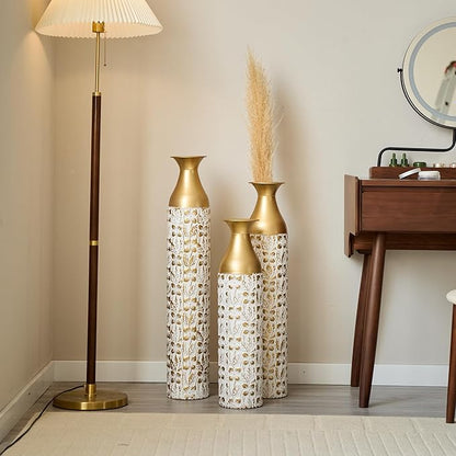 Floor Vases, Tall Home Decor Metal Vase Set of 3 Large Glazed Decorative Vases for Wedding Decor, Elegant Modern Flower Holder for Living Room, Entryway, Hallway, Dining Room