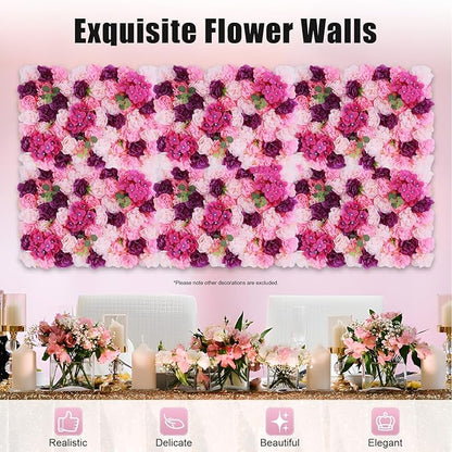 Flower Wall Panel Floral Backdrop,6pcs Champagne Flower Wall Decor,Silk Rose Wall, Artificial Flower Backdrop Faux Flower Panel for Wedding (6PCS Pink, Purple)