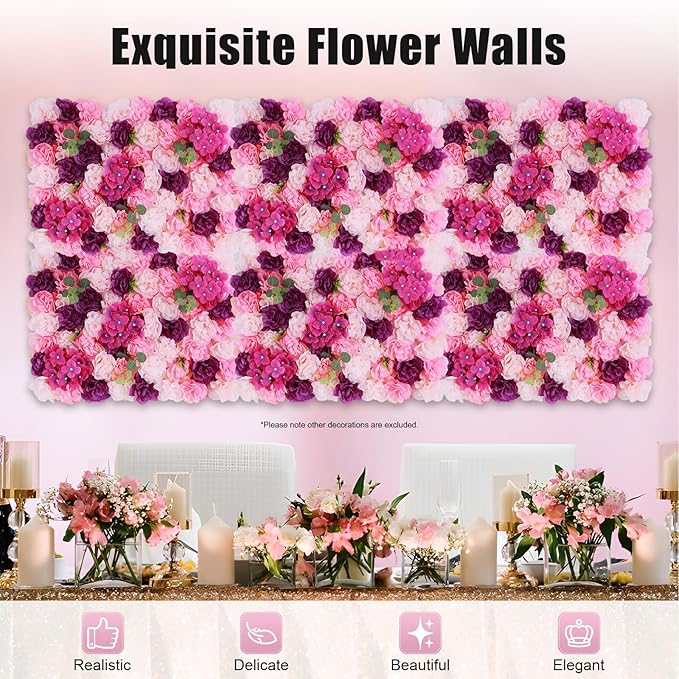 Flower Wall Backdrop 3D Wall Panels, 6Pcs Artificial Flower Wall Panel Silk Rose Floral Decorative Faux Flower Wall Background for Wedding Home Decoration (Pink, Purple,23.6 * 15.7in)