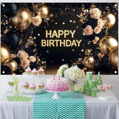 Black Gold Happy Birthday Backdrop Banner Elegant Rose Floral Balloon Photography Background Luxury Birthday Party Decoration Banner Photo Booth Props 71x43 Inch