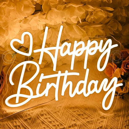 SYLHOME Happy Birthday Led Neon Light Sign Heart Birthday Party Bedroom Wall Sign Decor Banner Birthday Backdrop Light Up Sign 15.75" X 11.81" USB Dimmer Warm White 5V