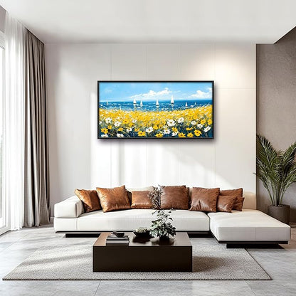 Coastal Flowers Large Wall Art Framed Blue Wall Decor for Living Room Ocean Sailboat Pictures Oversized Canvas Print Painting Modern Extra Large Framed Artwork for Bedroom Office 60"x30"
