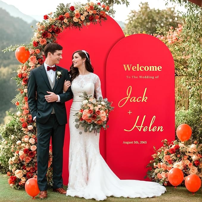 Red Arch Backdrop Covers - 6.6FT, 5FT Spandex Fitted Wedding Arch Stand Covers Round Top Chiara Stretchy Arch Backdrop Cover for Christmas Wedding Birthday Party Decoration