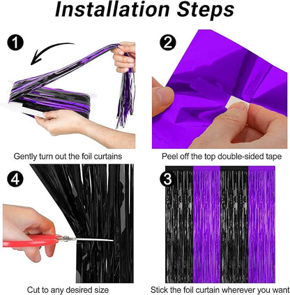 2 Pack Halloween Decor, 3.28 FT x 7.05 FT Purple and Black Foil Streamer, Metallic Fringe Curtains Tinsel Backdrop Party Streamer, Indoor Halloween Decorations Party Supplies Photo Booth Props