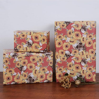 Aimyoo Orange Skull Sunflower Wrapping Paper Jumbo Roll 17 in x 60ft, Horror Gothic Gift Wrap Paper for Halloween Wedding Bridal Shower