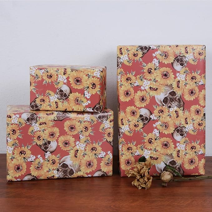 Aimyoo Orange Skull Floral Wrapping Paper Roll 17 in x10ft, Horror Gothic Halloween Wrap Paper