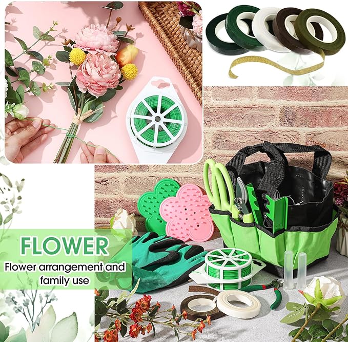 WILLBOND 207 Pcs Flower Arrangement Supplies Christmas Green Florist Garden Tools Gift Kit for Women Include Bag Thorn Remover Rose Stripper Outdoor Hand Tools Stem Pruning Shear Gloves Stem Wire Etc