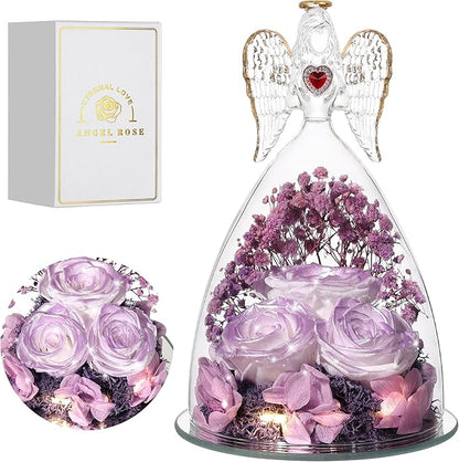 Mothers Day Rose Gifts for Women, Large Angel Figurines with Real Roses, Preserved Real Flower Rose for Her, Gardient Purple