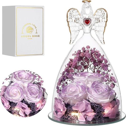 Mothers Day Rose Gifts for Women, Large Angel Figurines with Real Roses, Preserved Real Flower Rose for Her, Gardient Purple