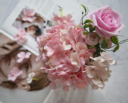 DuHouse Hydrangea Silk Flowers Artificial Flowers with Stem Fake Flower Heads for Wedding Centerpiece Home Decor Pack of 6 (Pink)
