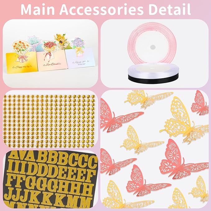 52Pcs Flower Bouquet Wrapping Paper Accessories Kit, 20 Sheets Pink Waterproof Floral Wrapping Paper, 12 Gold 12 Pink Butterflies, 5 Cards, 1 Ribbon, 1 Letter 1 Rhinestone Sticker (Gold Edge)