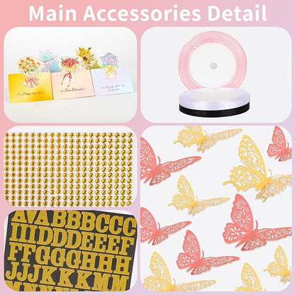 52Pcs Flower Bouquet Wrapping Paper Accessories Kit, 20 Sheets Black Waterproof Floral Wrapping Paper, 12 Gold 12 Pink Butterflies, 5 Cards, 1 Black Ribbon, 1 Letter 1 Rhinestone Sticker (Black Edge)